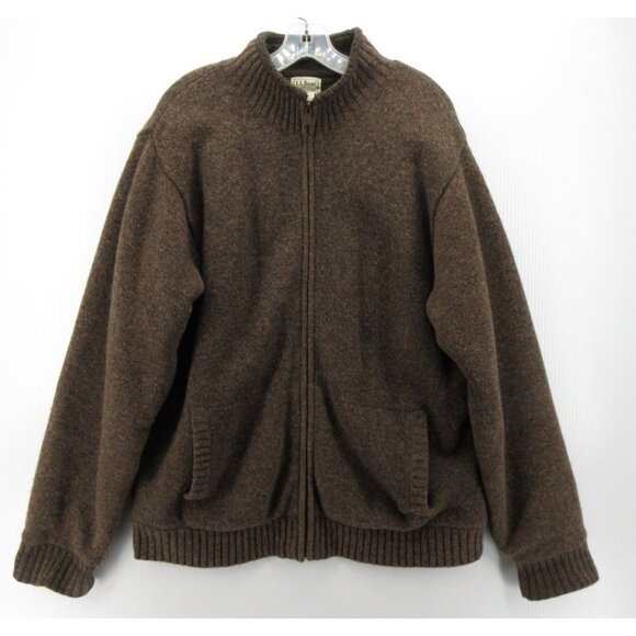 LL Bean Sweater Large Lambs Wool Cardigan Sherpa Fleece Lined Chunky - Picture 1 of 10